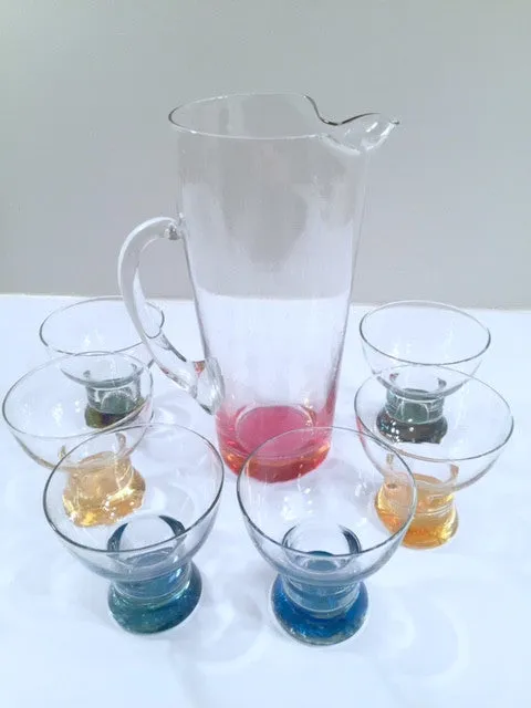 Mid-Century Vintage Rainbow Martini Pitcher with 6 low-ball glasses (1 Pitcher and 6 Low-Ball Glasses)