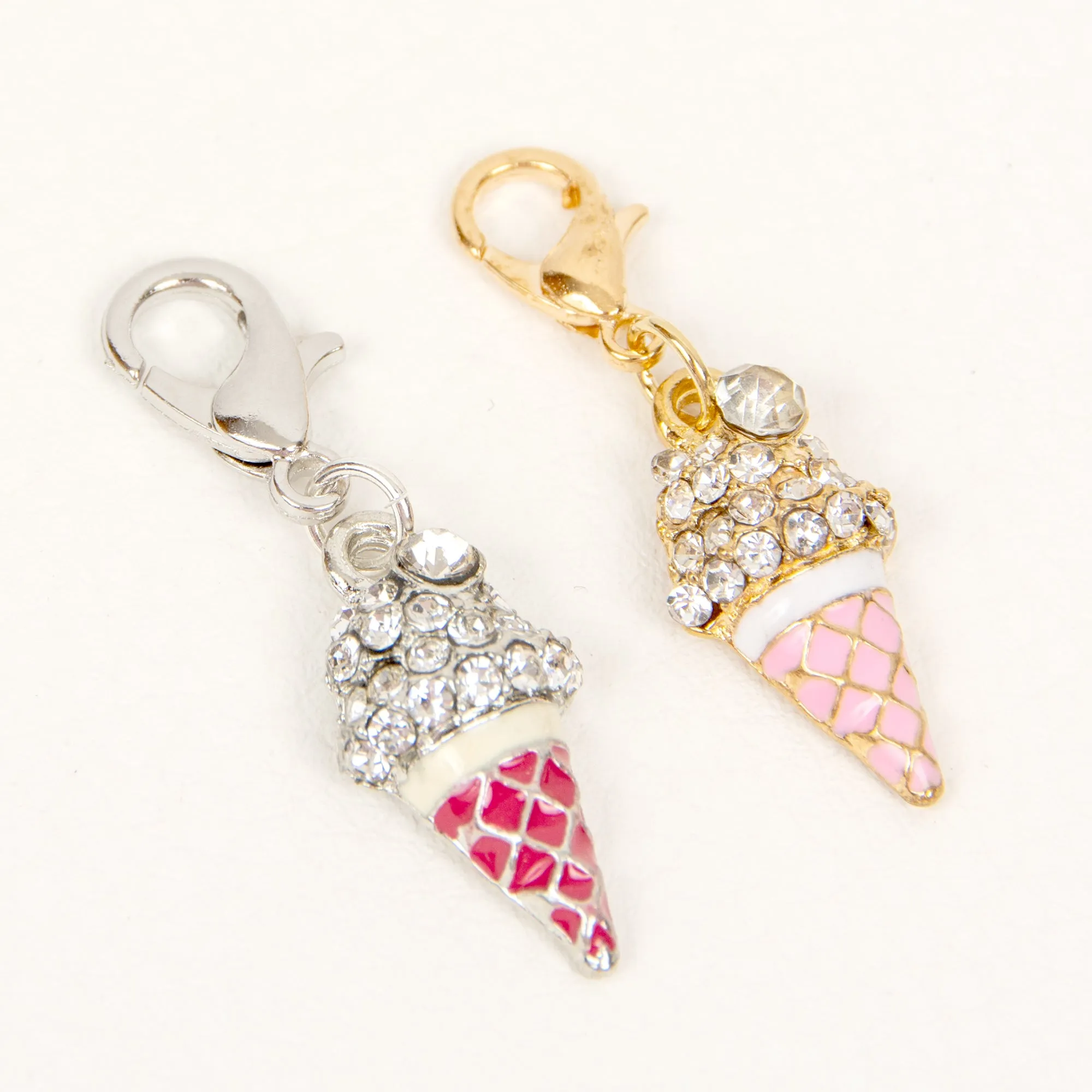 Pink Enamel Ice Cream Cone Charm with Rhinestones