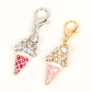 Pink Enamel Ice Cream Cone Charm with Rhinestones