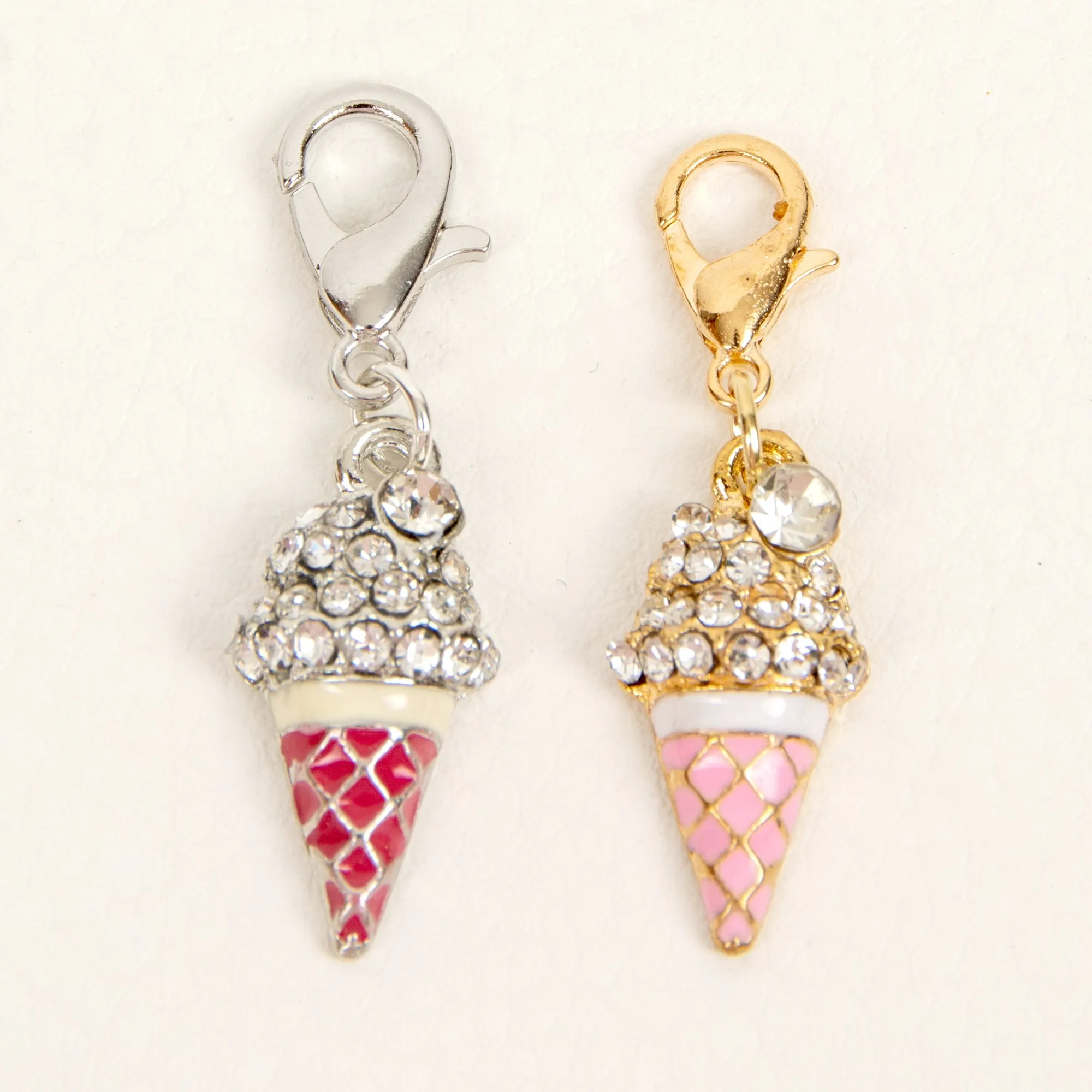 Pink Enamel Ice Cream Cone Charm with Rhinestones