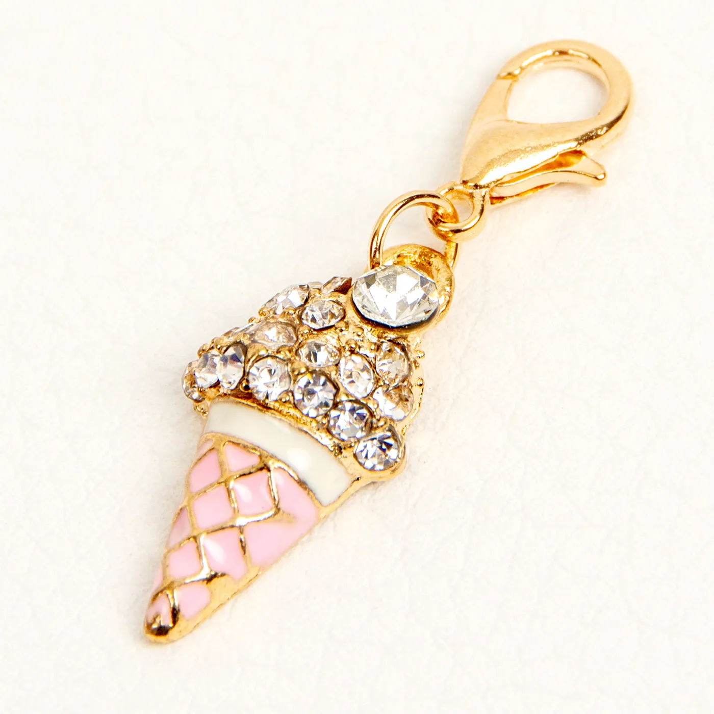 Pink Enamel Ice Cream Cone Charm with Rhinestones