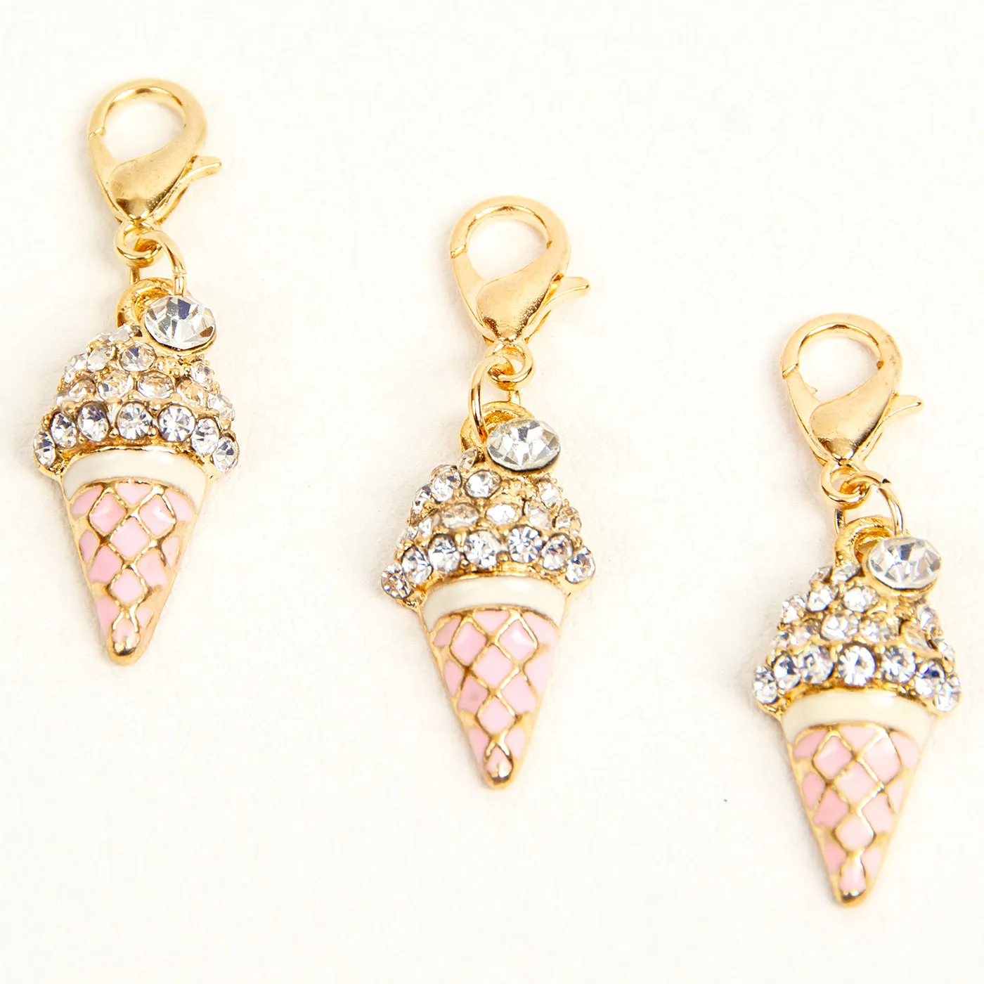 Pink Enamel Ice Cream Cone Charm with Rhinestones