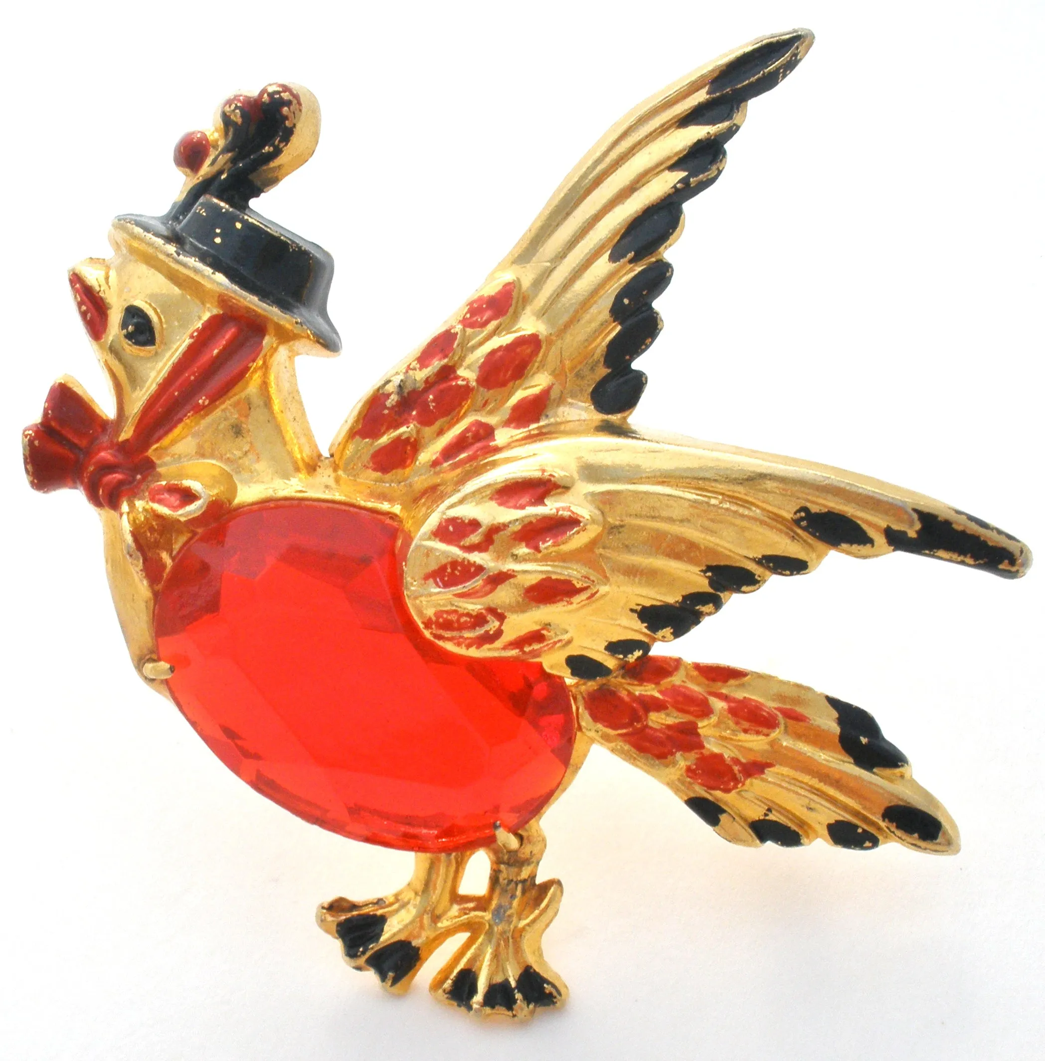 Red Jelly Belly Bird With Hat Brooch Pin Vintage