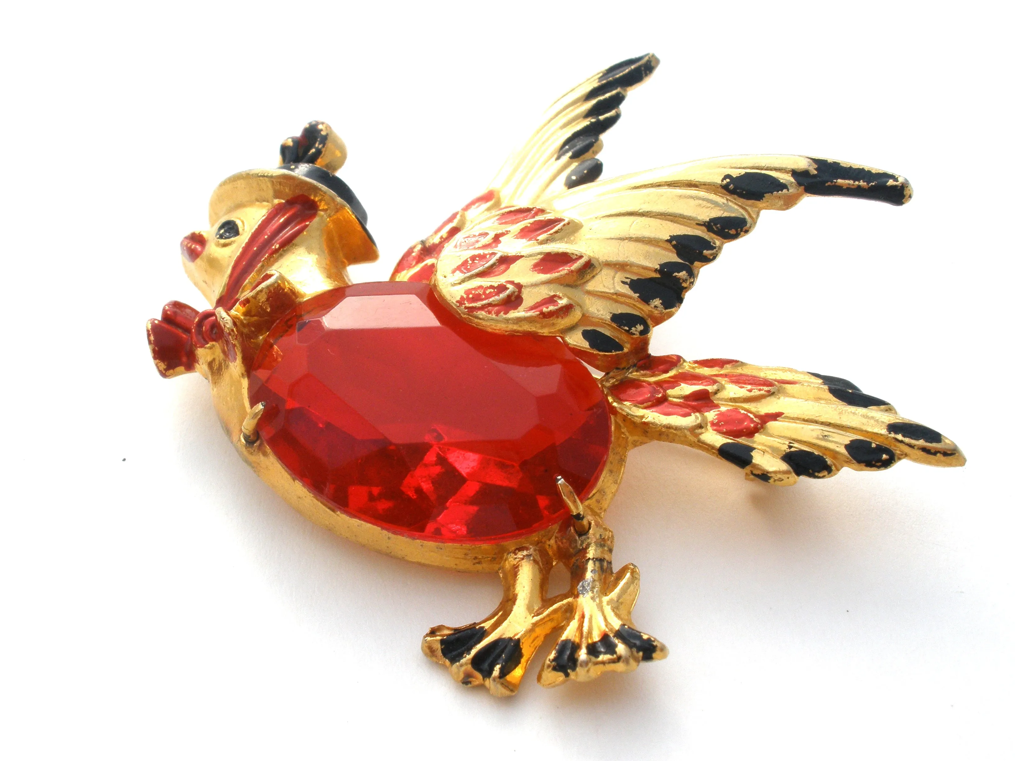 Red Jelly Belly Bird With Hat Brooch Pin Vintage