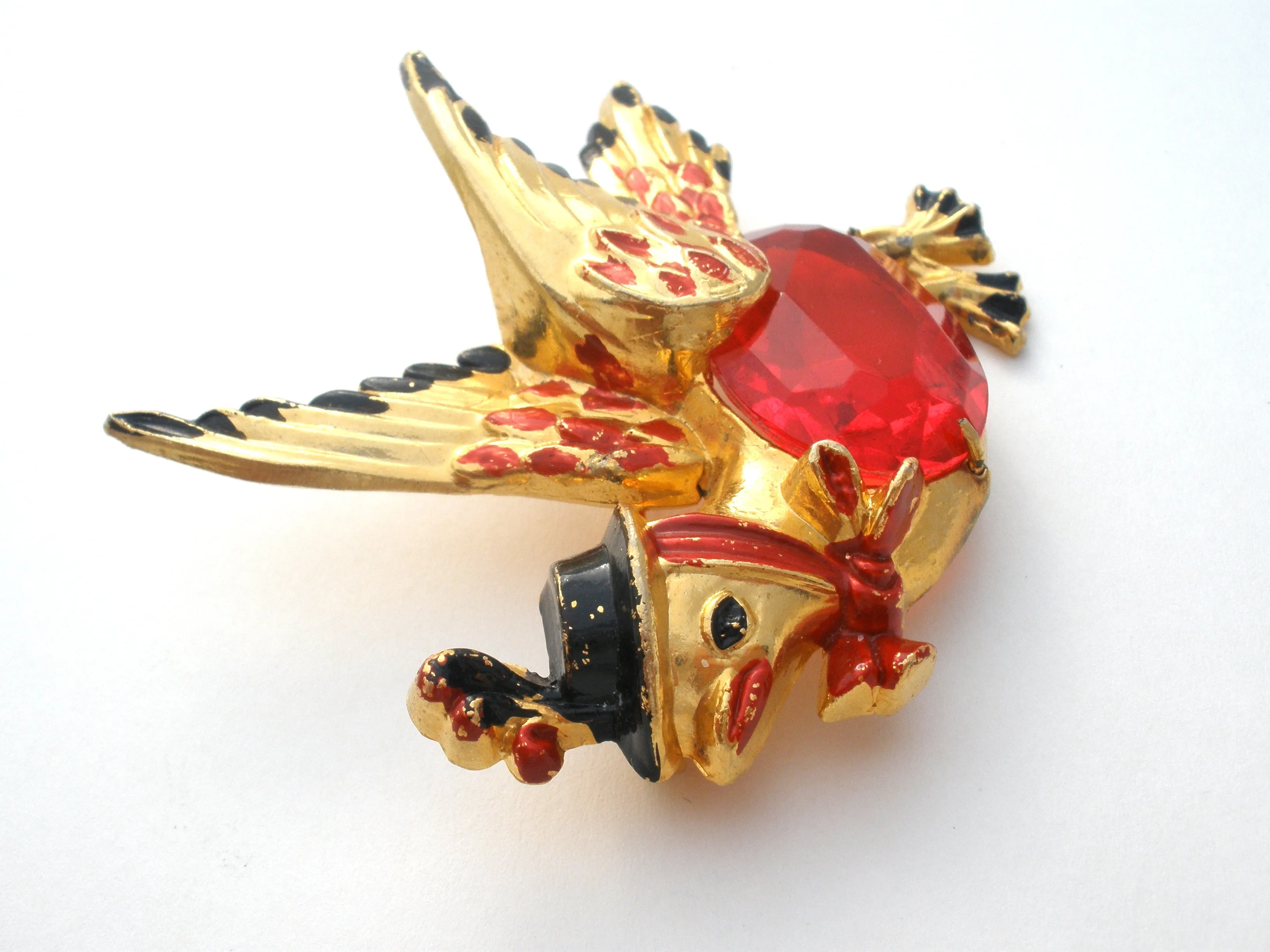 Red Jelly Belly Bird With Hat Brooch Pin Vintage