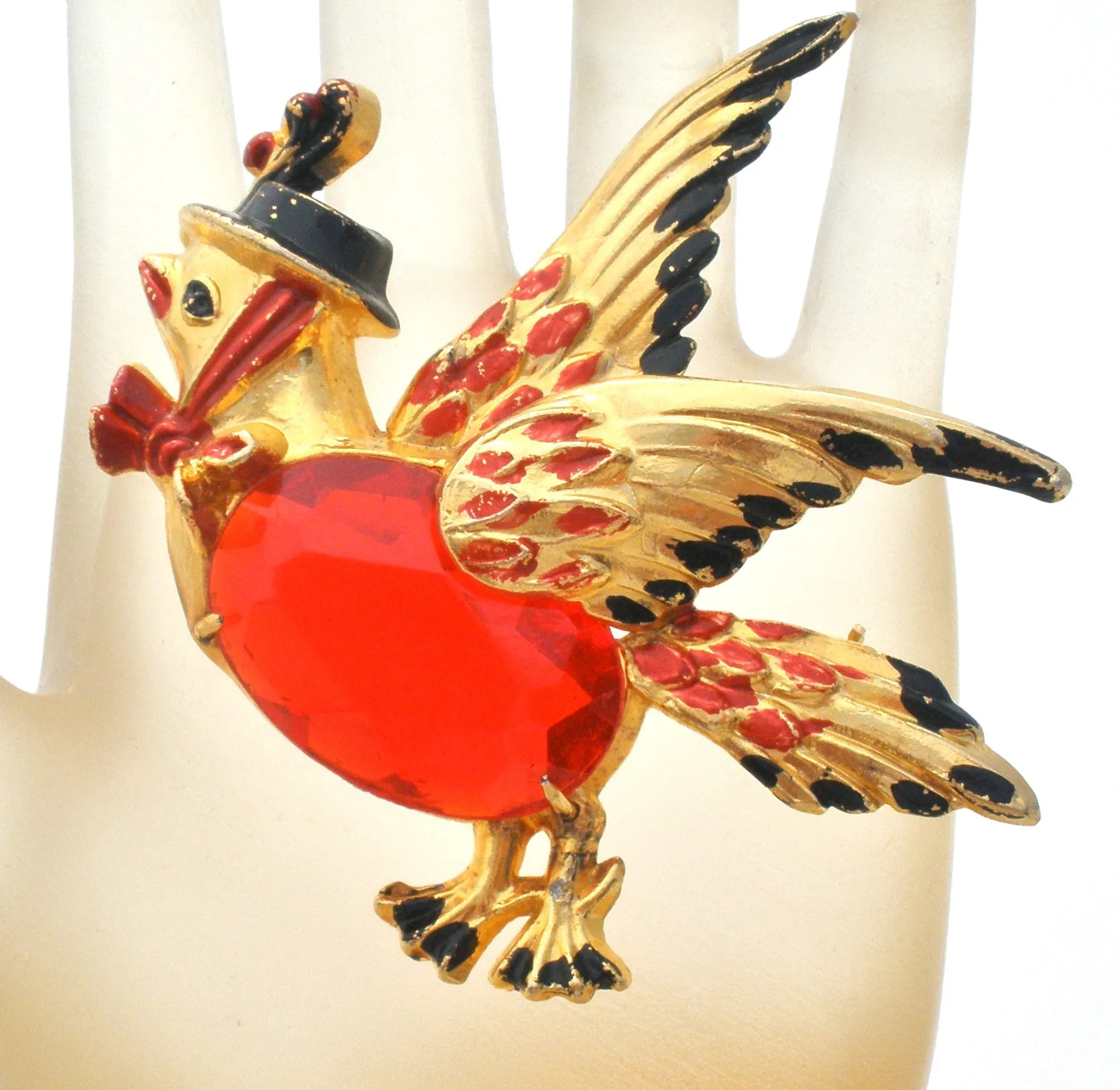 Red Jelly Belly Bird With Hat Brooch Pin Vintage