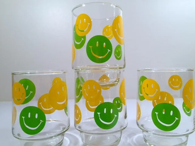 Retro Green and Yellow Smiley Face Glasses (Set of 4)