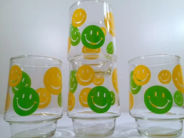 Retro Green and Yellow Smiley Face Glasses (Set of 4)