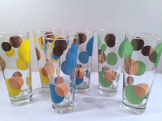 Russel Wright Mid-Century Bright Blue, Green, Yellow & 22-Karat Gold Eclipse Tall Collins Glasses (Set of 6)