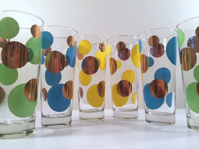 Russel Wright Mid-Century Bright Blue, Green, Yellow & 22-Karat Gold Eclipse Tall Collins Glasses (Set of 6)