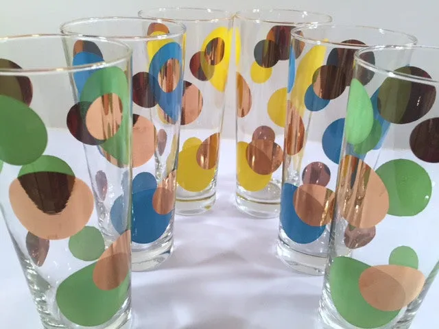 Russel Wright Mid-Century Bright Blue, Green, Yellow & 22-Karat Gold Eclipse Tall Collins Glasses (Set of 6)