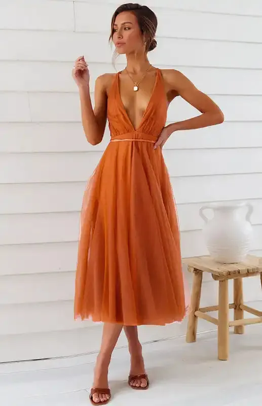 Sexy Deep V Neck Backless Lace-Up Mesh Puff Dress