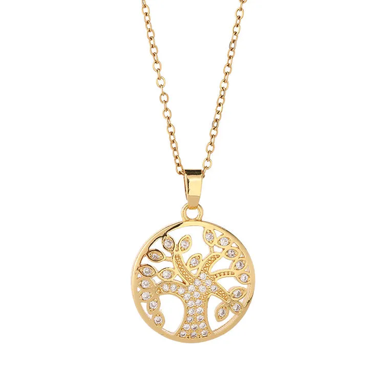 SISSLIA Fashion Jewelry Zircon Copper Plating Gold Titanium Steel Chain Tree of Life Pendant Necklace for Women