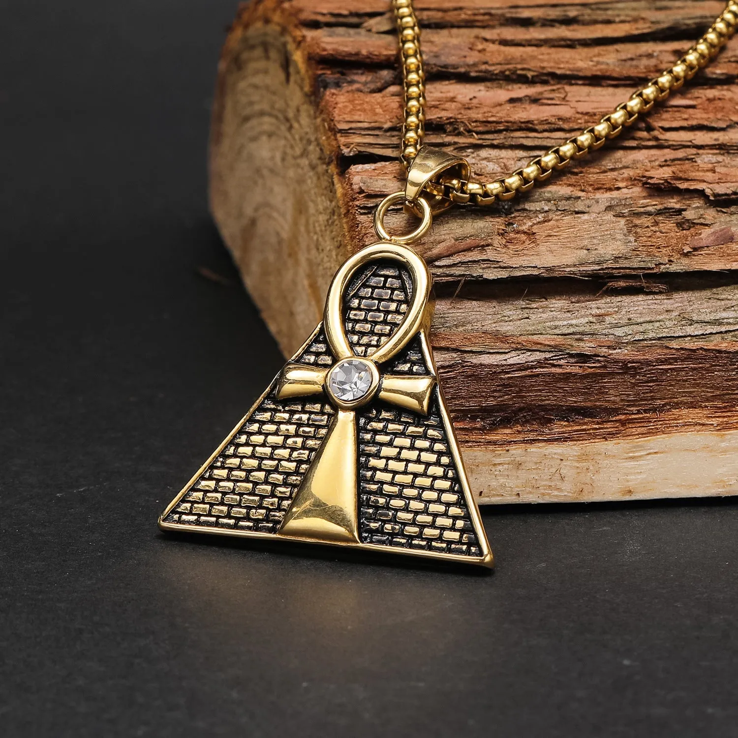 Titanium solid pendant with Key to Life and ancient Egypt pyramid