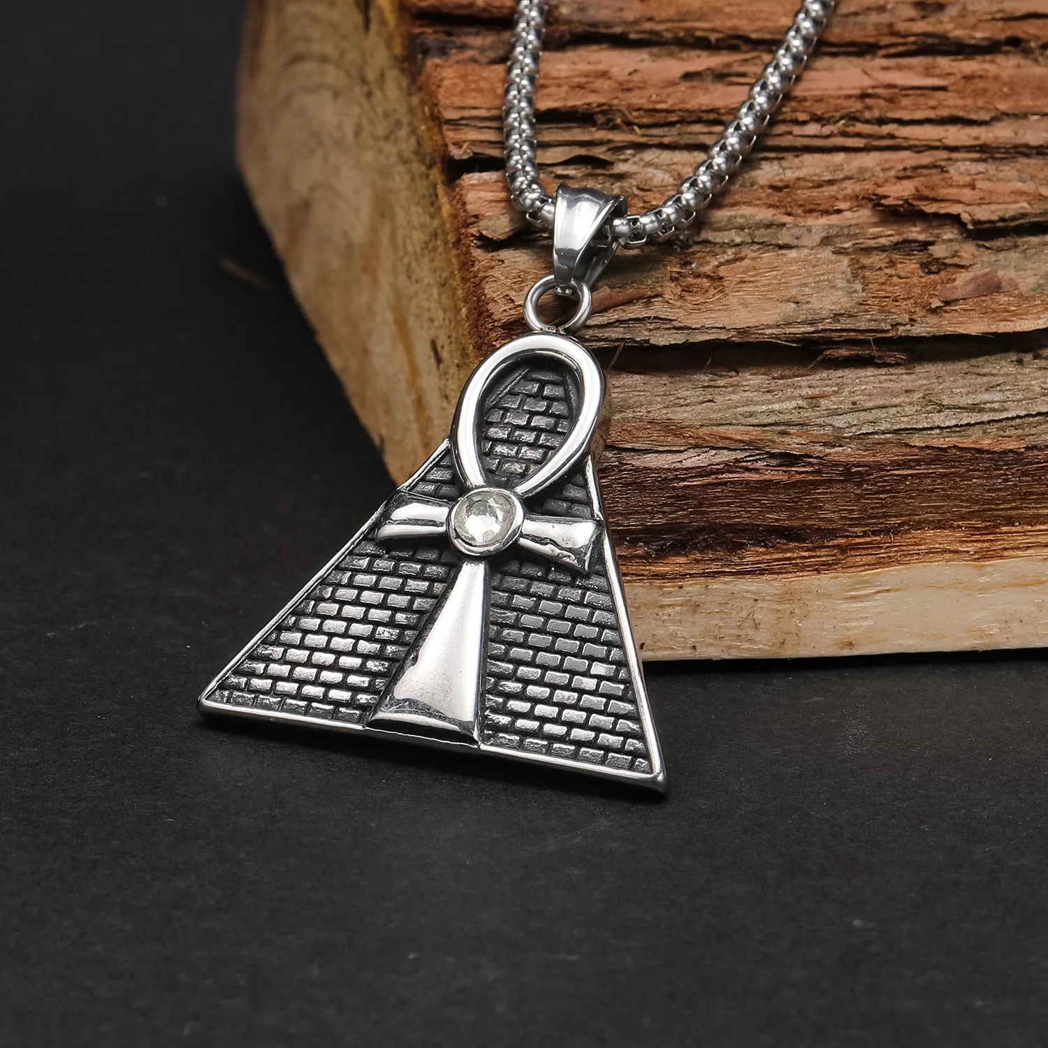 Titanium solid pendant with Key to Life and ancient Egypt pyramid