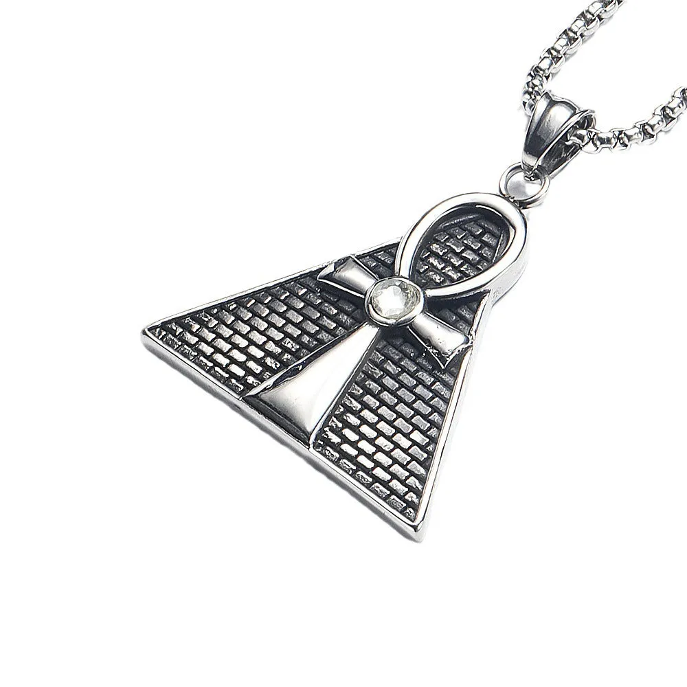 Titanium solid pendant with Key to Life and ancient Egypt pyramid