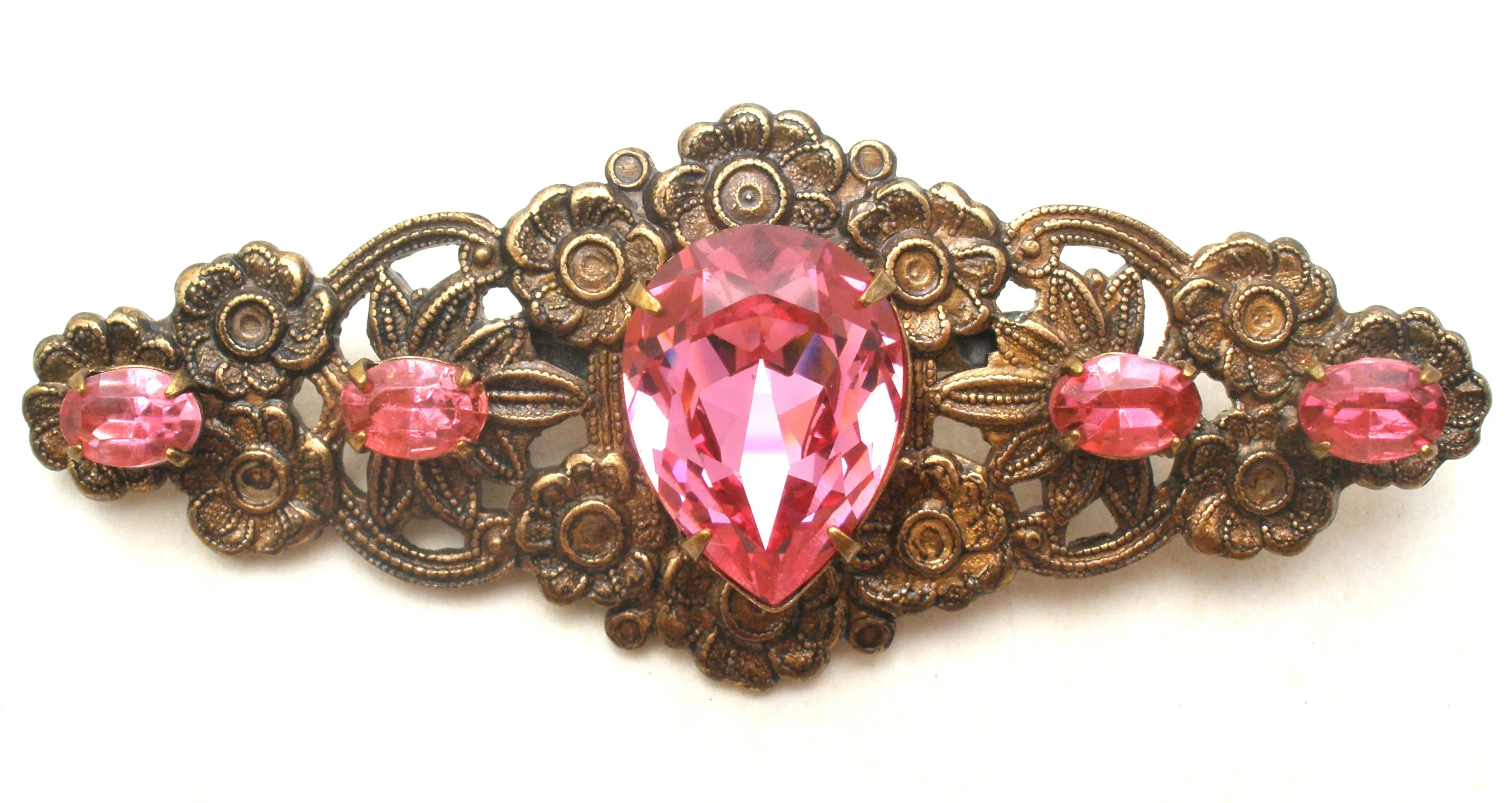 Vintage Brass Flower Brooch Pin With Pink Rhinestones