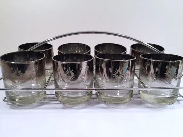 Vitreon Queens Luster - Mid-Century Atomic Bar Set with Carrier (8 Low-Ball Glasses, Carrier & Original Box)