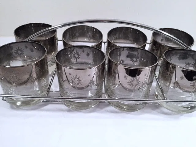 Vitreon Queens Luster - Mid-Century Atomic Bar Set with Carrier (8 Low-Ball Glasses, Carrier & Original Box)